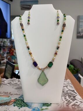 Handmade Green Glass Pendant Necklace with Multicolor Beads by